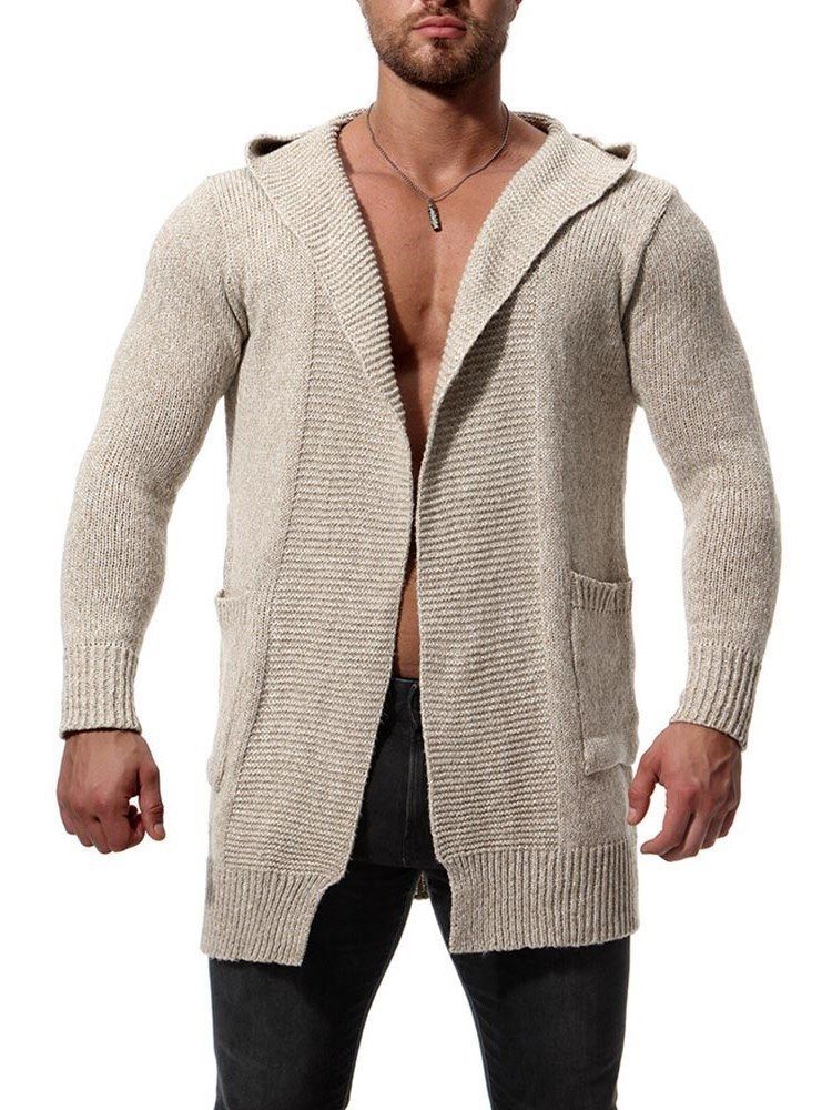 Einfarbige Mittellange Herren-strickjacke Mit Kapuze