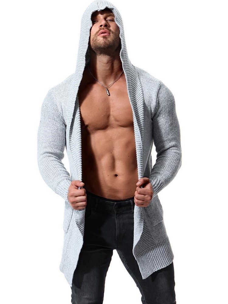 Einfarbige Mittellange Herren-strickjacke Mit Kapuze