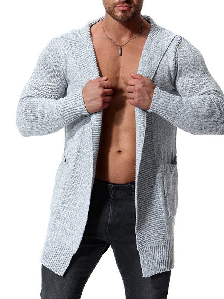 Einfarbige Mittellange Herren-strickjacke Mit Kapuze