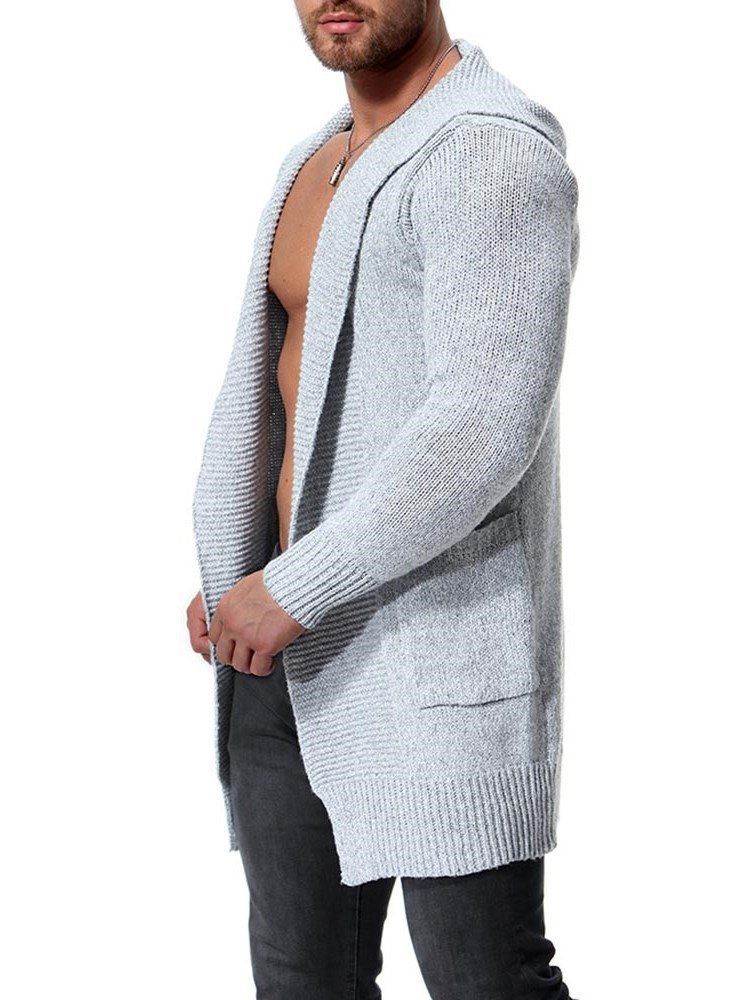 Einfarbige Mittellange Herren-strickjacke Mit Kapuze