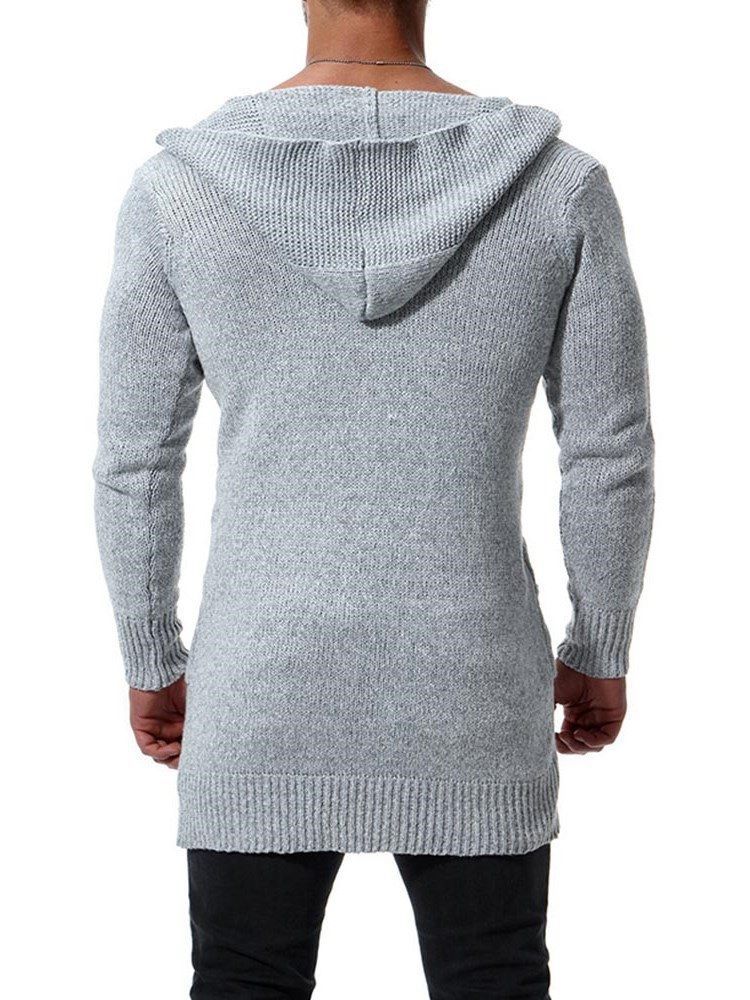 Einfarbige Mittellange Herren-strickjacke Mit Kapuze