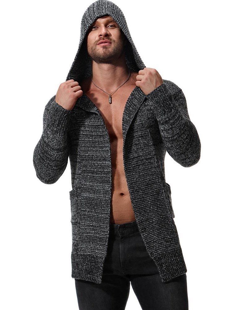 Einfarbige Mittellange Herren-strickjacke Mit Kapuze