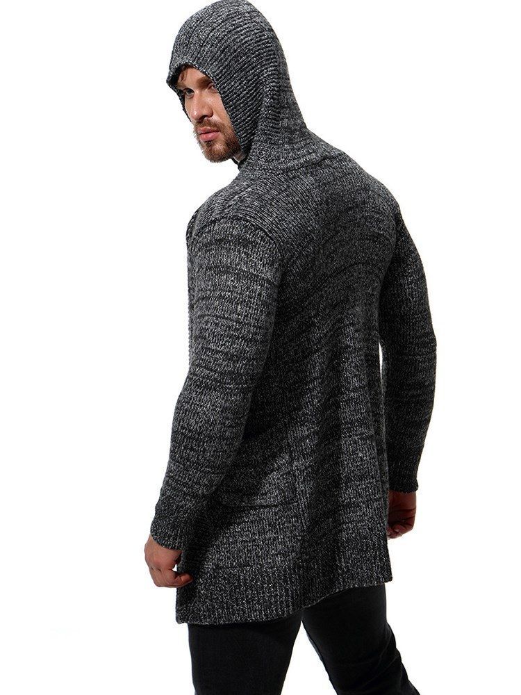 Einfarbige Mittellange Herren-strickjacke Mit Kapuze