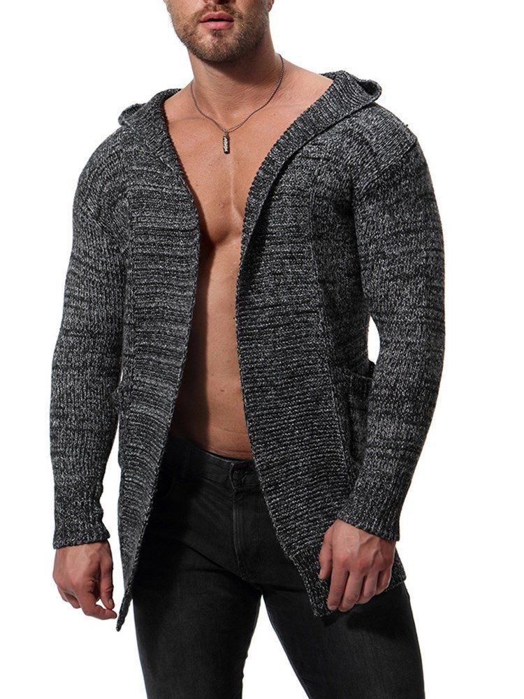 Einfarbige Mittellange Herren-strickjacke Mit Kapuze