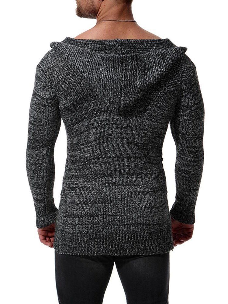 Einfarbige Mittellange Herren-strickjacke Mit Kapuze