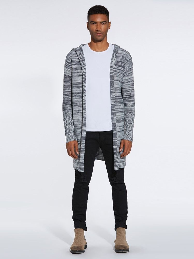 Farbblock Kapuzen Mittellanger Herren Casual Cardigan Pullover