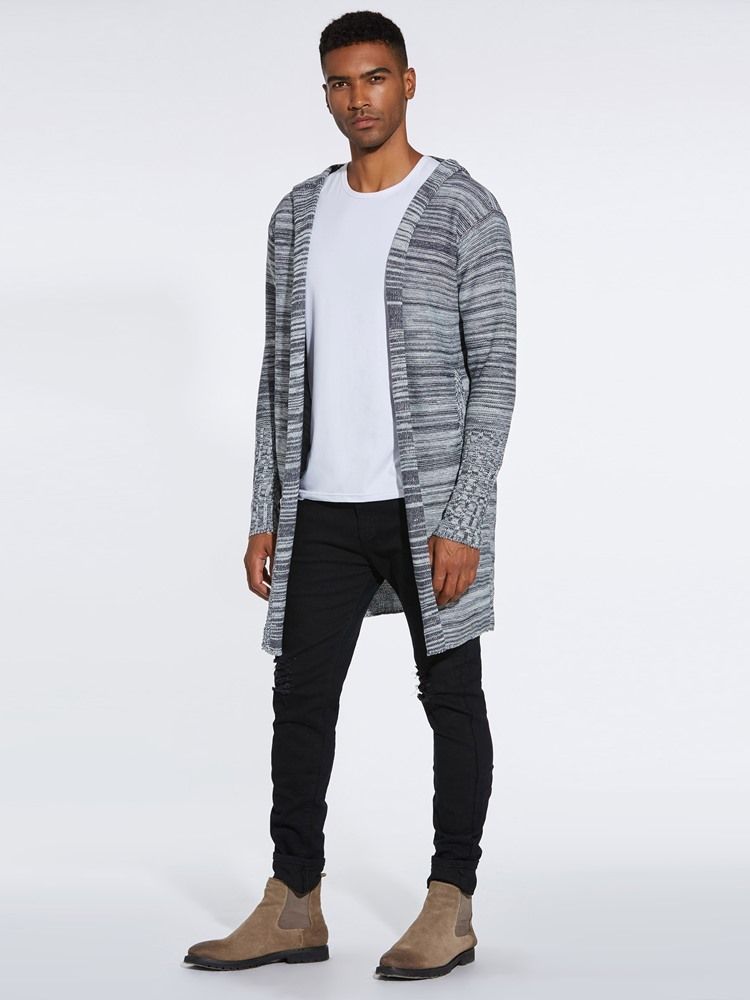 Farbblock Kapuzen Mittellanger Herren Casual Cardigan Pullover