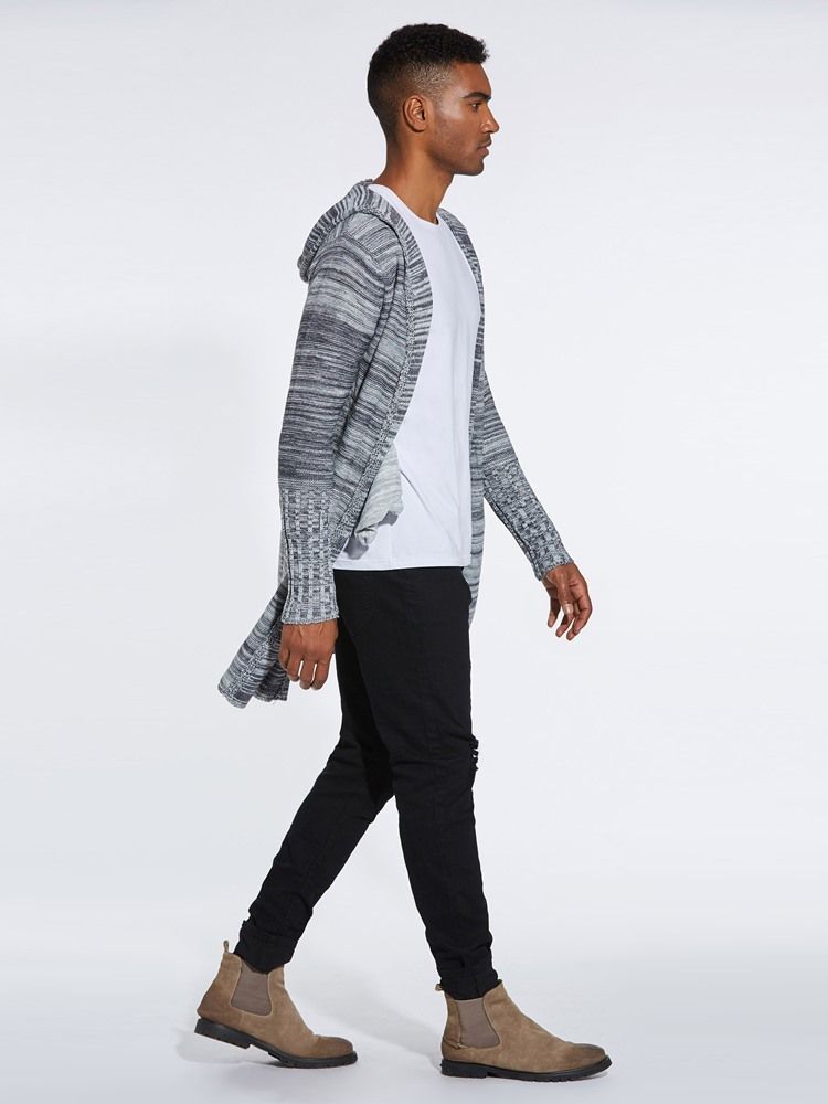 Farbblock Kapuzen Mittellanger Herren Casual Cardigan Pullover