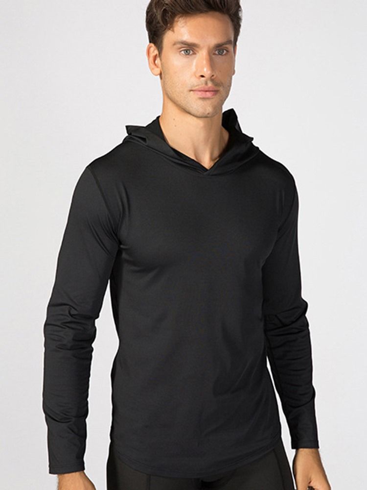 Herren Solid Quick Dry Pullover Langarm Sporttops Mit Kapuze