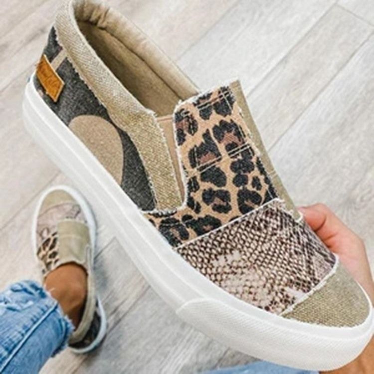 Damen Slip-on Low-cut Oberleder Sneakers Mit Leopardenmuster