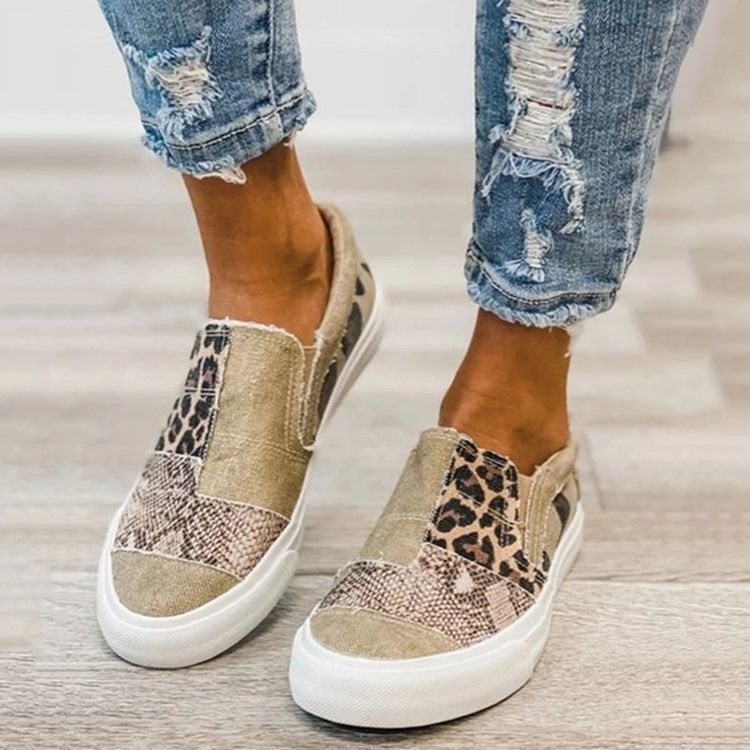 Damen Slip-on Low-cut Oberleder Sneakers Mit Leopardenmuster