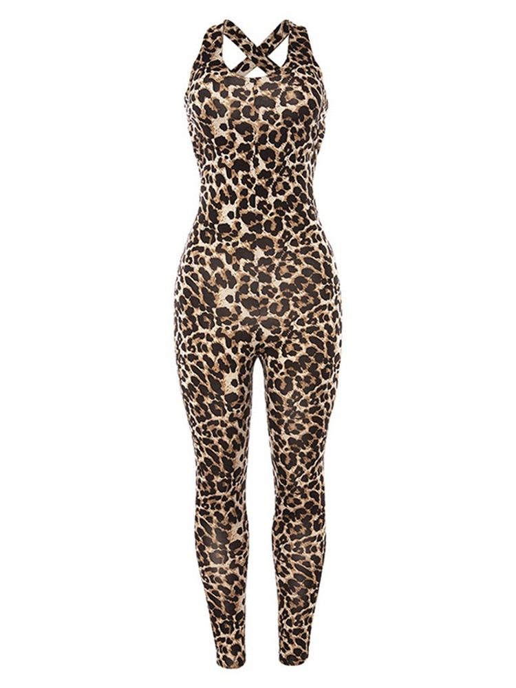 Damen-leopard-sport-overall Mit Hoher Taille Und Bleistifthose In Voller Länge