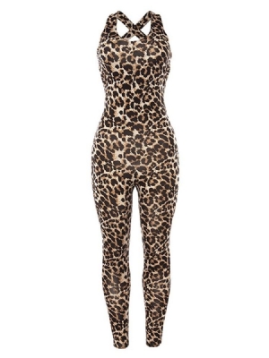 Damen-leopard-sport-overall Mit Hoher Taille Und Bleistifthose In Voller Länge