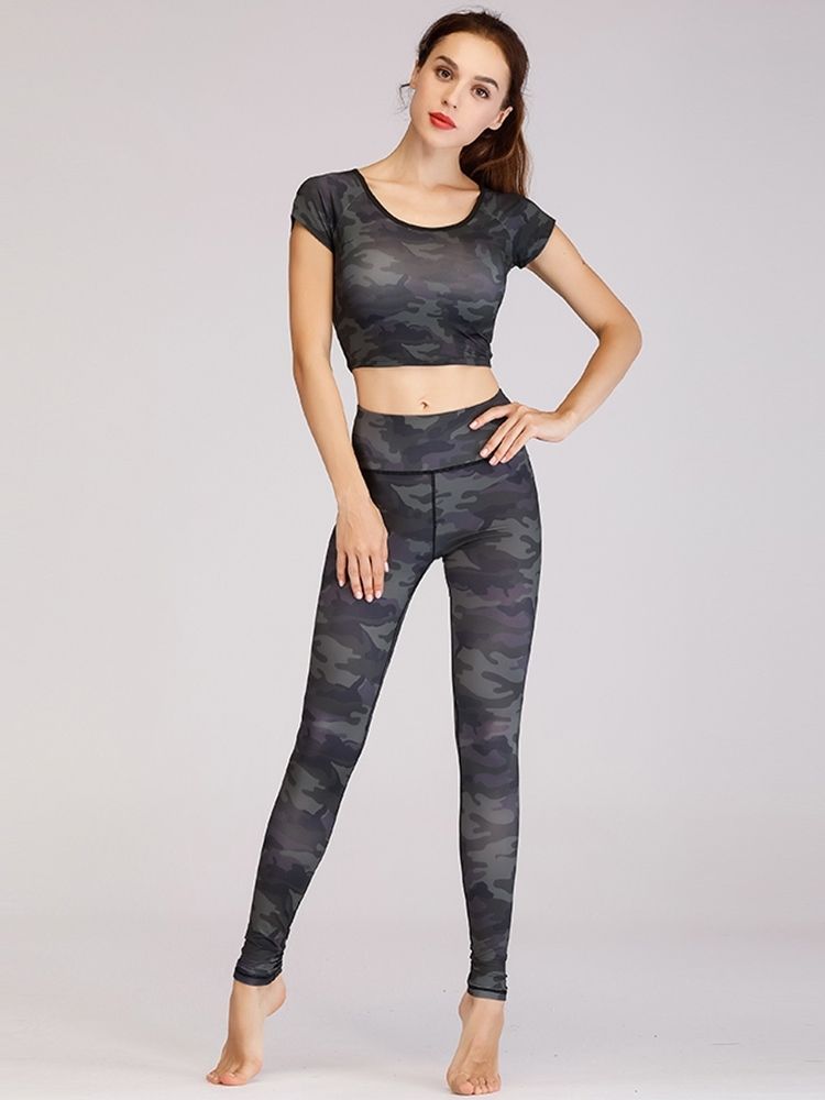 Damen Polyester Kurzarm Yoga Sport Sets