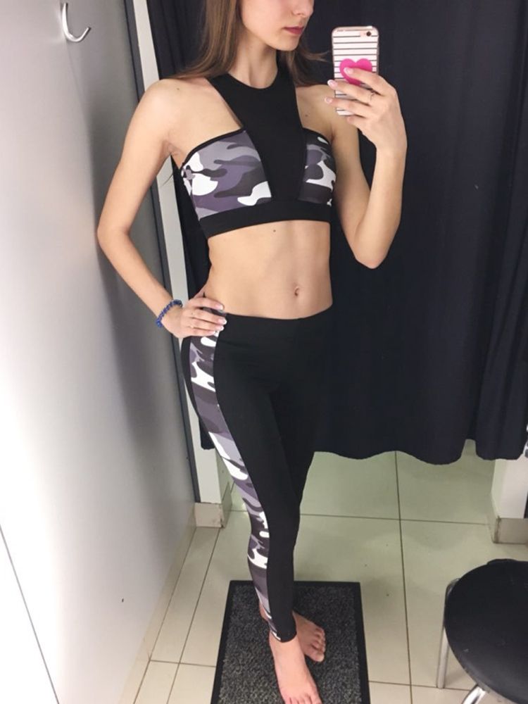 Damen Print Anti-schweiß Camouflage Pullover Yoga Sport Sets