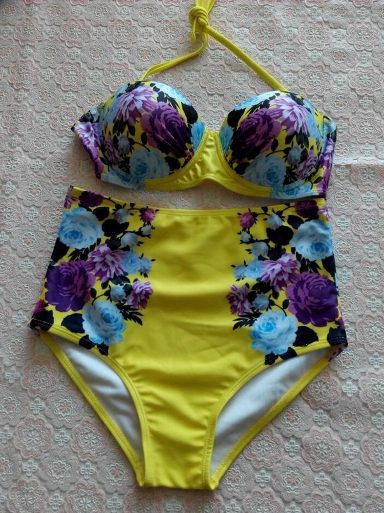 Damen-bikini-set Mit Blumenmuster Und Hoher Taille Zum Schnüren