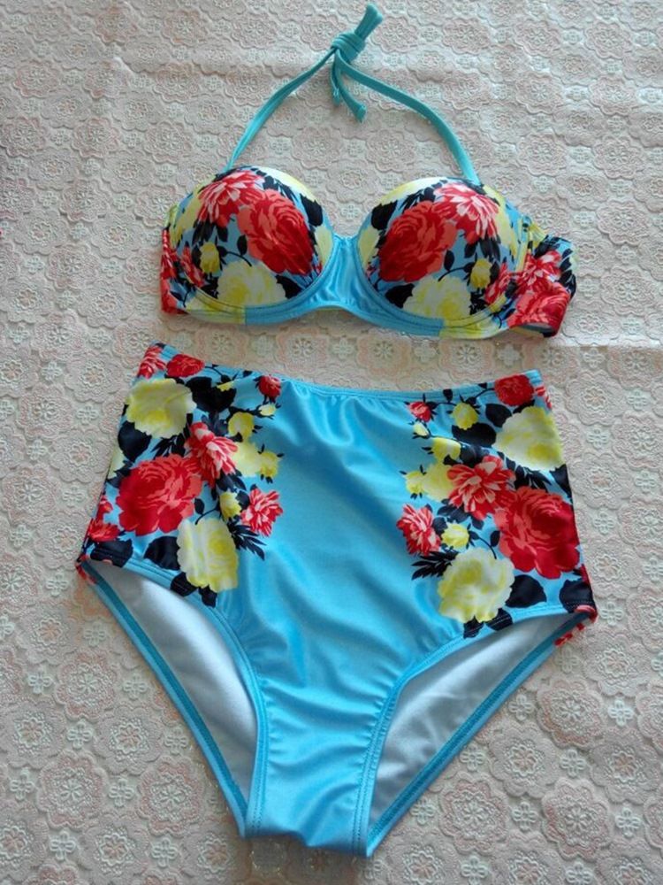 Damen-bikini-set Mit Blumenmuster Und Hoher Taille Zum Schnüren