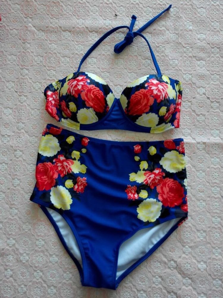 Damen-bikini-set Mit Blumenmuster Und Hoher Taille Zum Schnüren