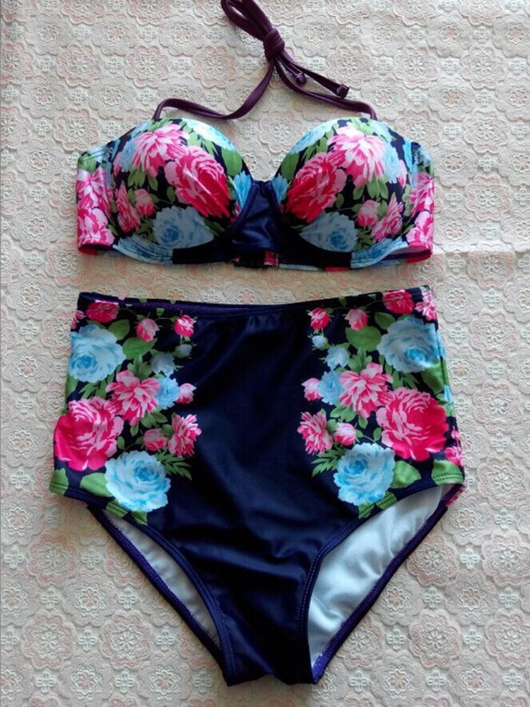 Damen-bikini-set Mit Blumenmuster Und Hoher Taille Zum Schnüren