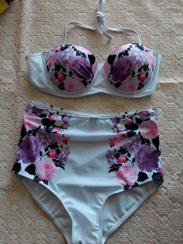 Damen-bikini-set Mit Blumenmuster Und Hoher Taille Zum Schnüren