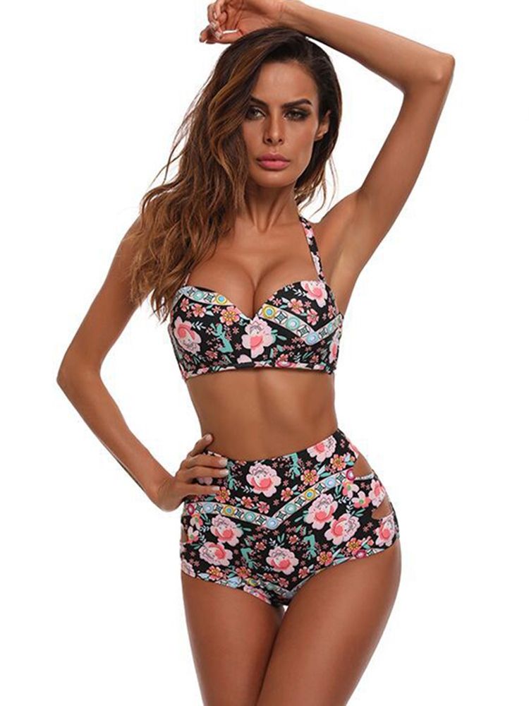 Damen-bikini-set Mit Hohlem Blumenmuster Und Hoher Taille