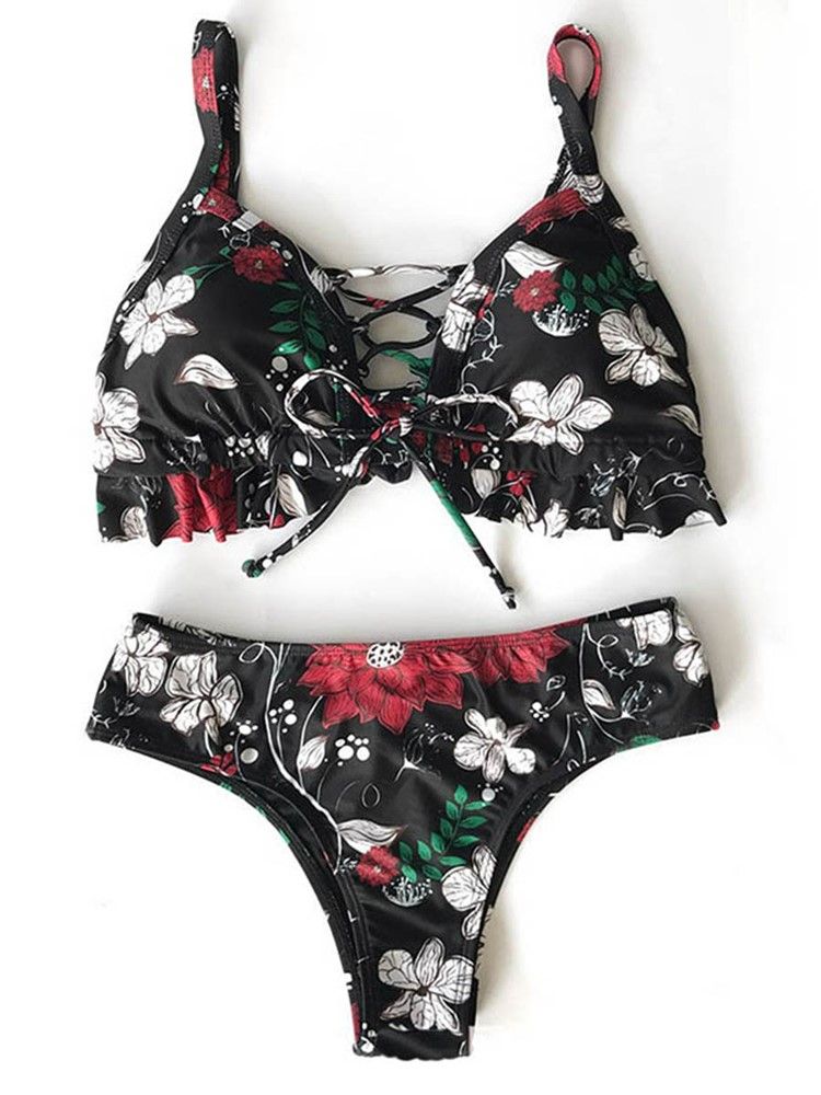 Damen-blumen-schnür-hohl-sexy-bikini-set