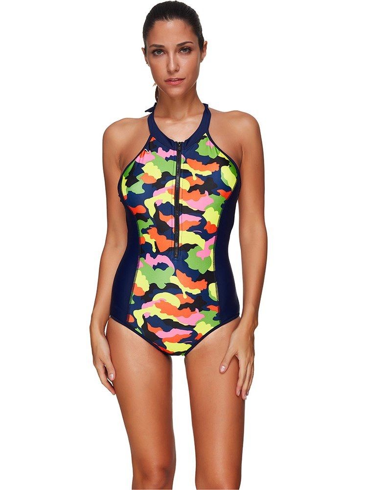 Damen Color Block Camouflage Reißverschluss One Piece Monokini