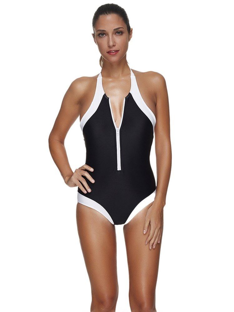 Damen Color Block Camouflage Reißverschluss One Piece Monokini