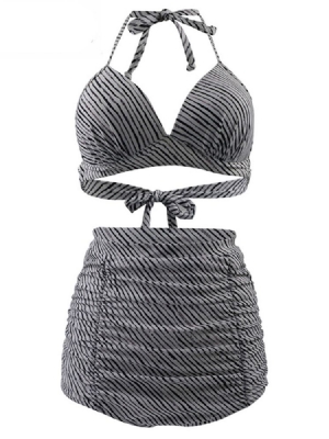 Damen Gestreiftes Schnür-plissee-bikini-set