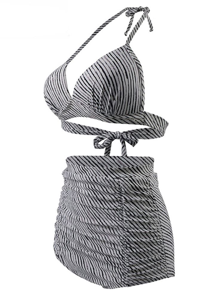 Damen Gestreiftes Schnür-plissee-bikini-set