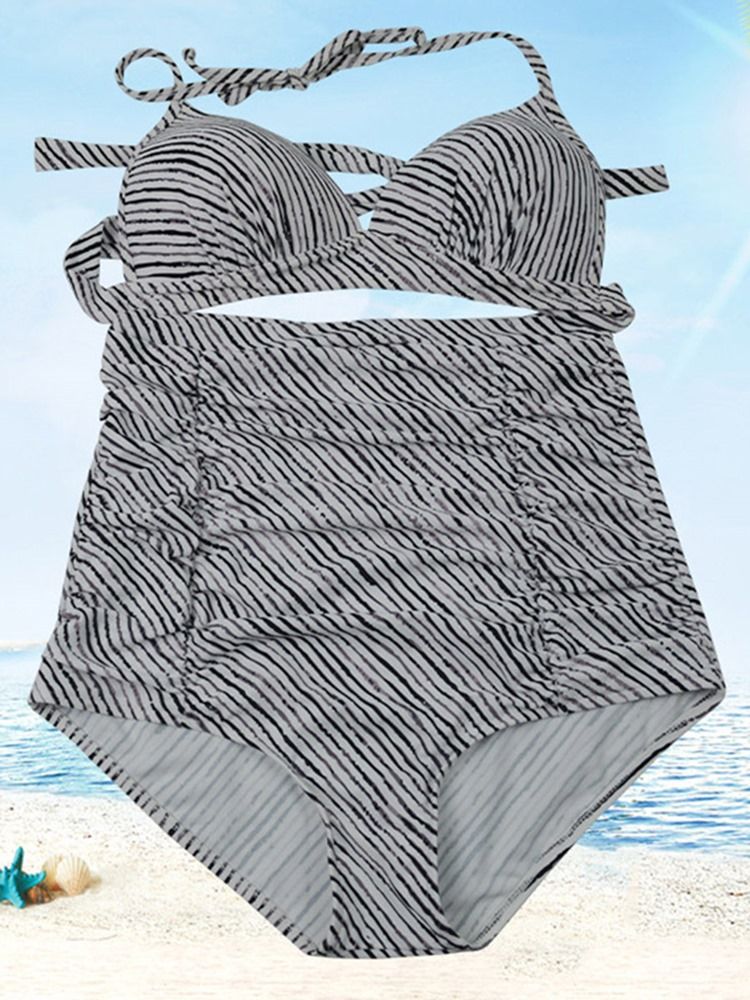 Damen Gestreiftes Schnür-plissee-bikini-set