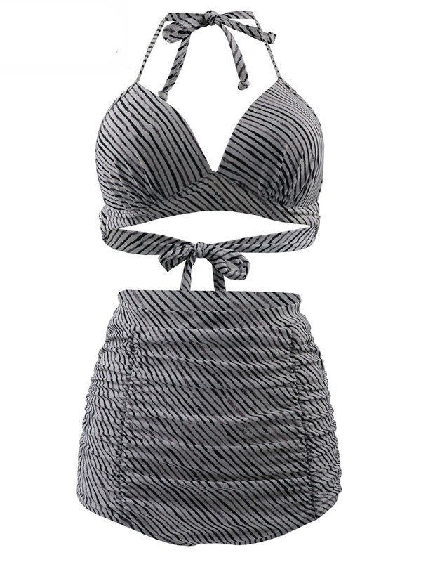 Damen Gestreiftes Schnür-plissee-bikini-set