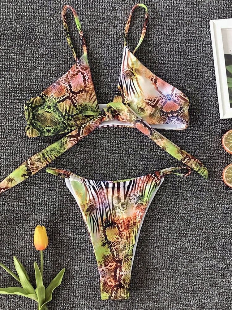 Frauen-bikini Mit Schleifen-schnürung Im Farbblock-print