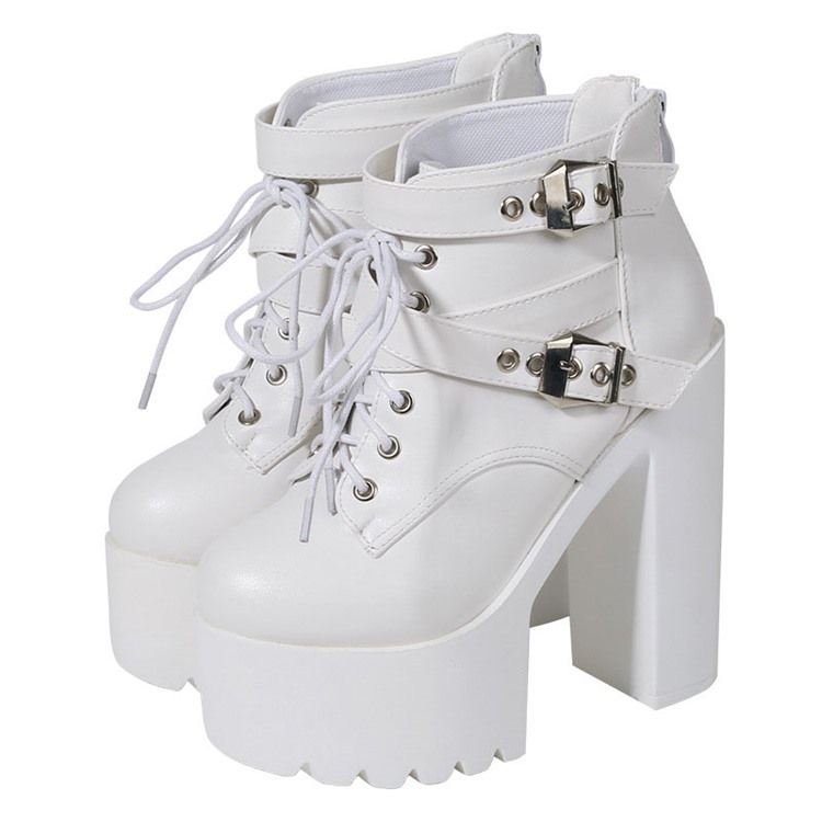 Back Zip Round Toe Platform Chunky Heel Cross Strap Damenstiefel