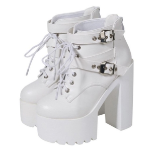 Back Zip Round Toe Platform Chunky Heel Cross Strap Damenstiefel