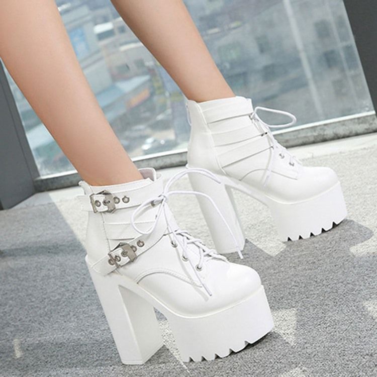 Back Zip Round Toe Platform Chunky Heel Cross Strap Damenstiefel