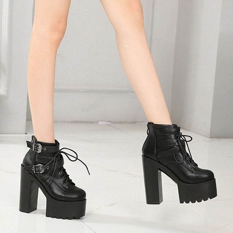 Back Zip Round Toe Platform Chunky Heel Cross Strap Damenstiefel