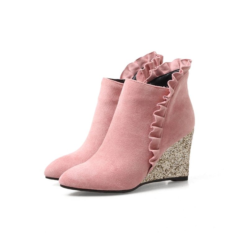 Damen-ankle Boots Mit Schlichtem Keilabsatz Und Rüschen