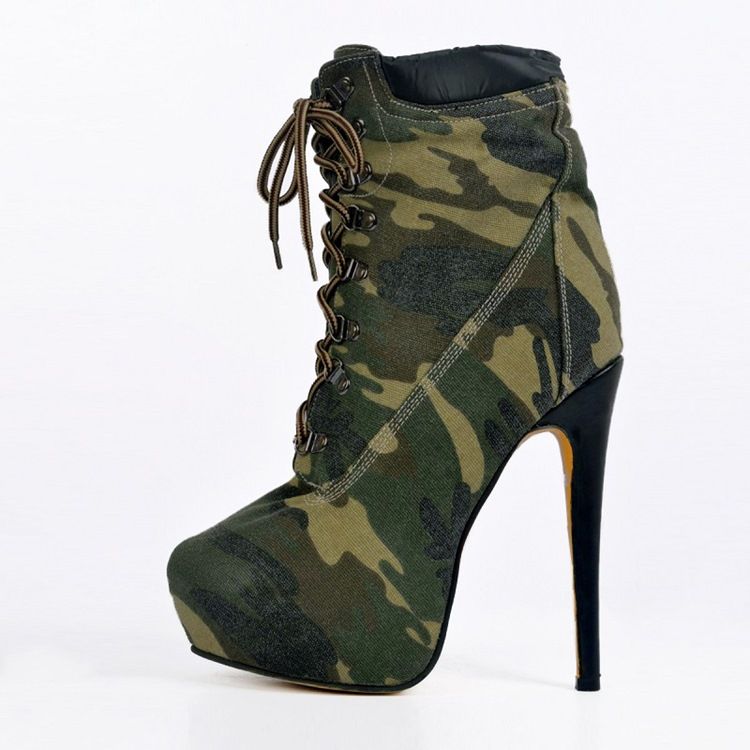 Damen-camouflage-schnürstiefel Mit Hohem Absatz