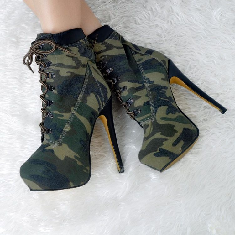 Damen-camouflage-schnürstiefel Mit Hohem Absatz