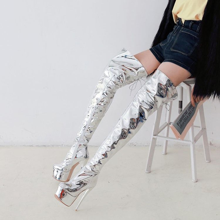 Damen Plateaustiefel Mit Stiletto-absatz Über Dem Knie In Metallic-optik