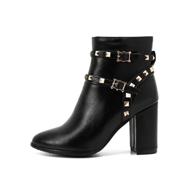 Damen Rivet Plain Side Zipper Chunky Heel Stiefel