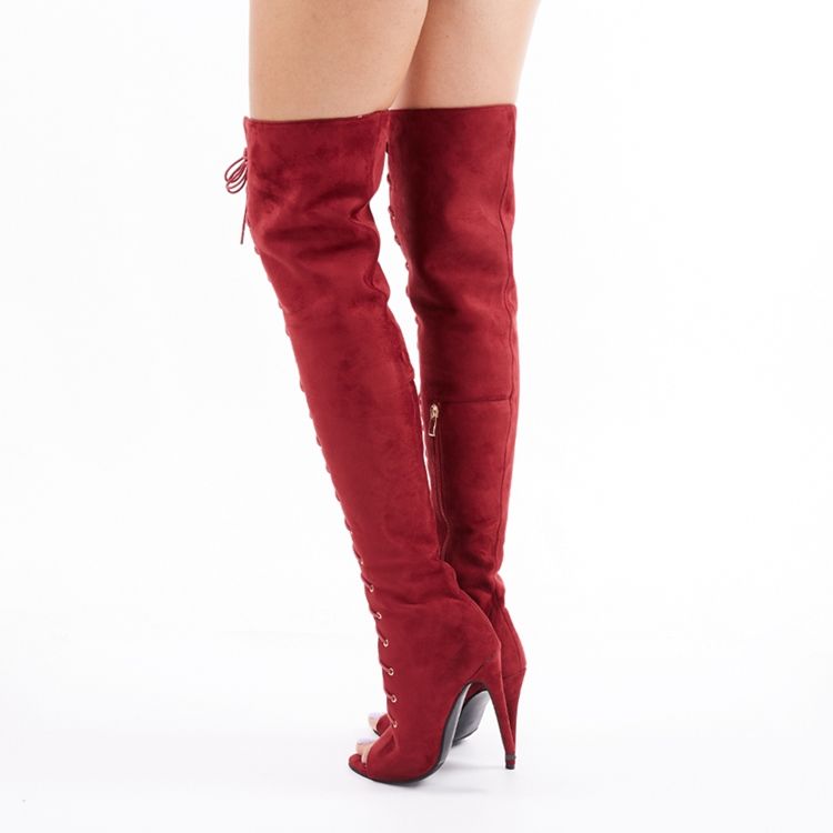 Damen Rote Peep Toe Overknee Stiefel Mit Schnürung