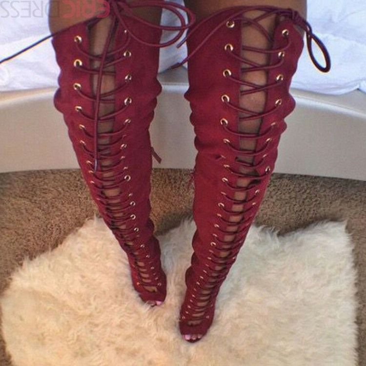 Damen Rote Peep Toe Overknee Stiefel Mit Schnürung