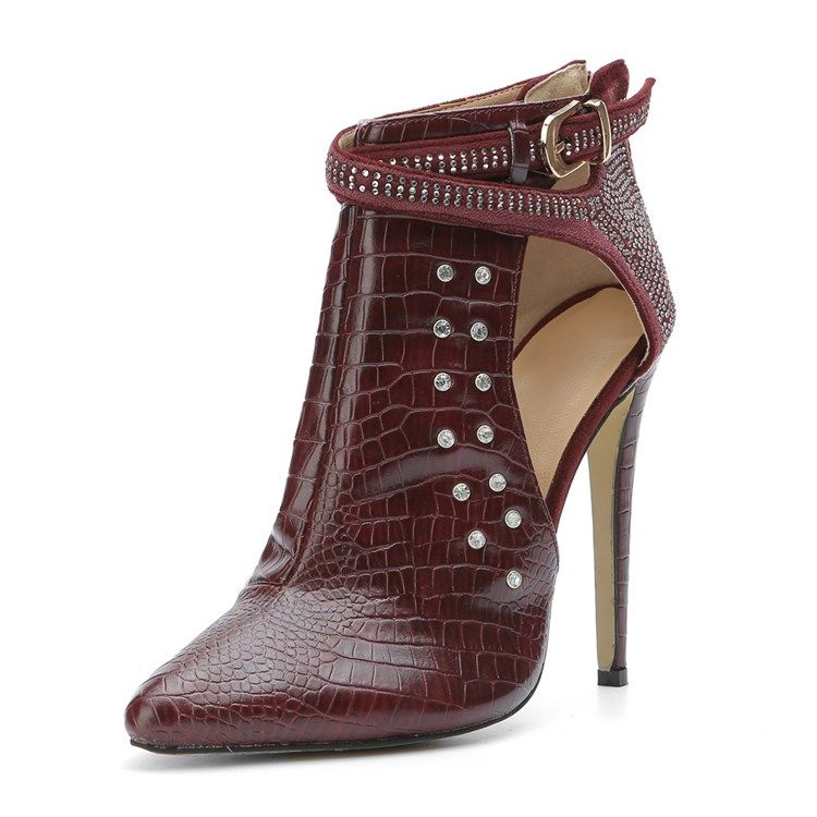 Damen Rote Rivets Schnalle Point Toe High Heel Stiefel