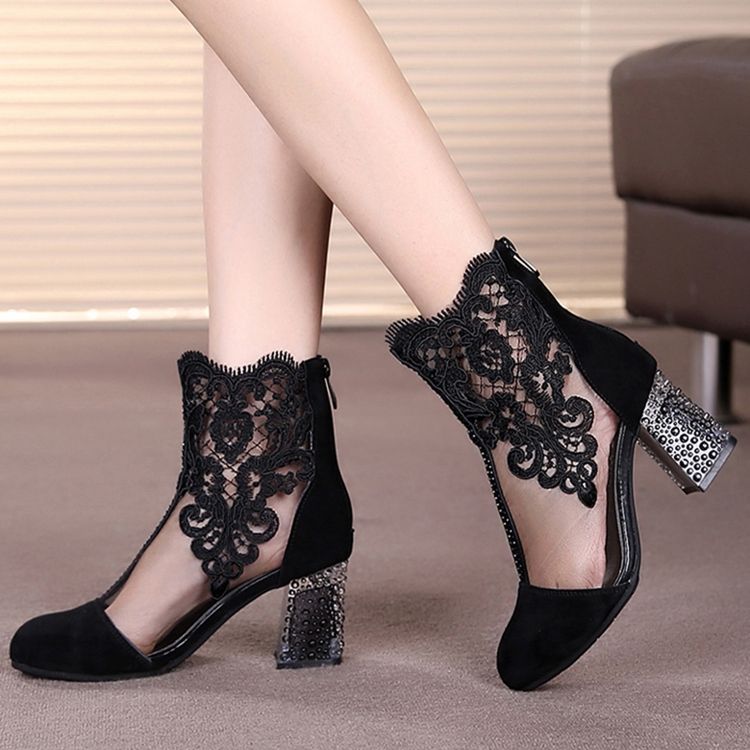 Damen Stickerei Blumen Strass Spitze High Heel Stiefel