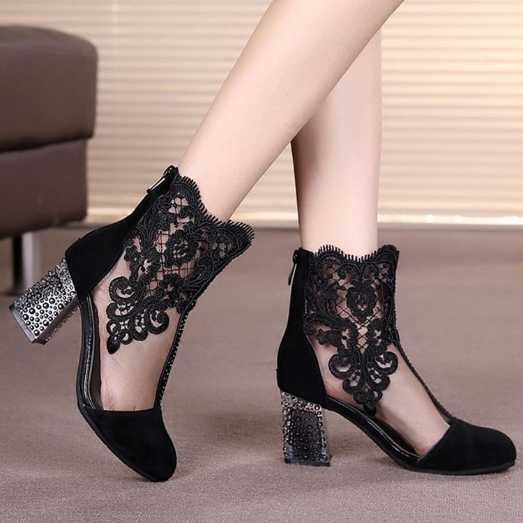 Damen Stickerei Blumen Strass Spitze High Heel Stiefel