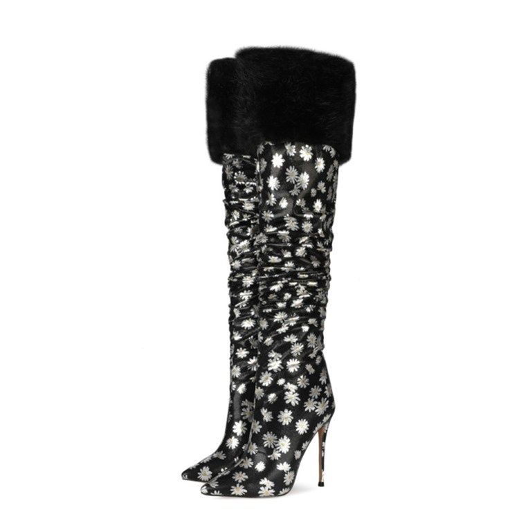 Damen-stiefel Mit Stilettoabsatz Und Spitzer Zehenpartie Mit Blumendruck