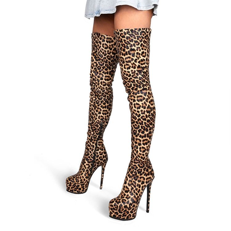 Damen Stöckelabsatz Leoparden-stiefel Mit Seitlichem Reißverschluss Und Faden