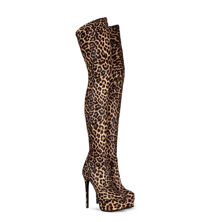 Damen Stöckelabsatz Leoparden-stiefel Mit Seitlichem Reißverschluss Und Faden